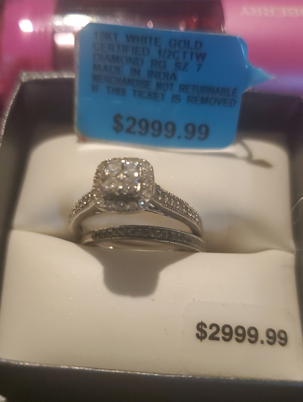 White Gold Diamond Halo Engagement Ring and Band Set - White